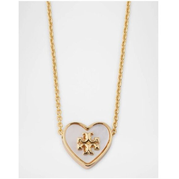 Tory Burch White and Gold Heart Logo Pendant Necklace - Picture 1 of 5